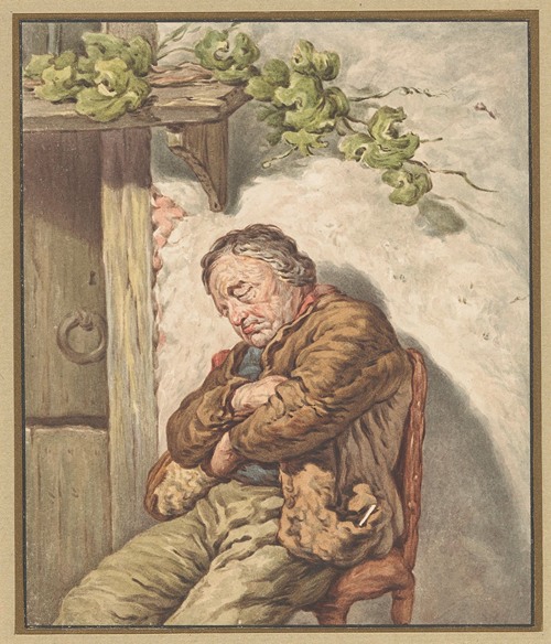 Lou de knecht van de bakker, voor het huis ingeslapen in het zonlicht