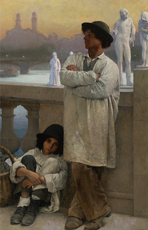 Young sculptors on a bridge in Paris, the old Trocadero in the distance
