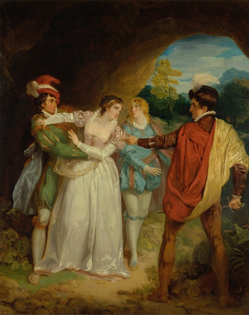 Valentine rescuing Silvia from Proteus, from Shakespeare’s ‘The Two Gentlemen of Verona,’ Act V, Scene 4, the Outlaws’ Cave