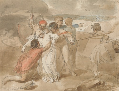A Woman Rescued from the Sea and Assisted Ashore, Rowing Boat and Rescuers in Background