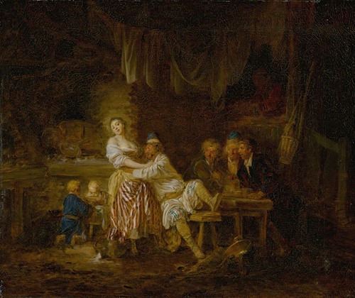 A group of figures gathered in a tavern, with a barmaid and lustful patron at center