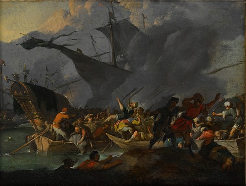 The Battle of Lepanto, 1571, with crowded boats and men struggling to shore in the foreground