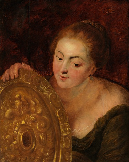 Portret van een vrouw met koperen schotel
