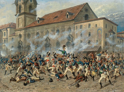 Karl Freiherr von Ditfurth fighting the Tyroleans in front of the Hospital Church in Innsbruck