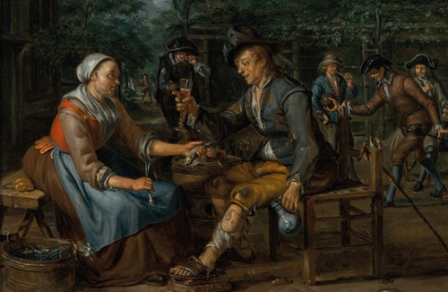 A woman offering an onion and a herring to a young man holding a glass of beer, others smoking and playing skittles behind them