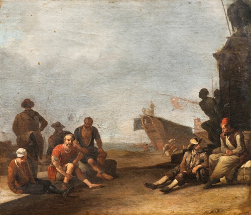View on a Sourthern harbor with merchants and prisoners, a ship and the statue of Ferdinand I de’ Medici in Livorno