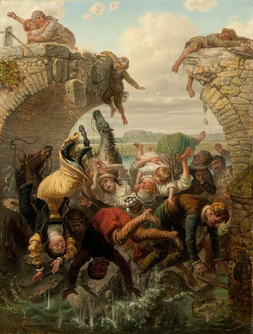 The Bridge at Nya Lödöse Collapsing into the River Säve in 1543