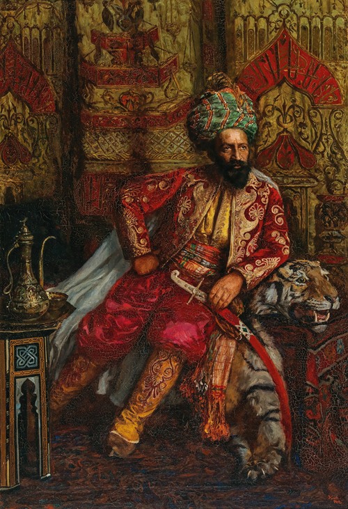 Portrait of a Pasha sitting on a Tiger Pelt in a Sumptuous Interior