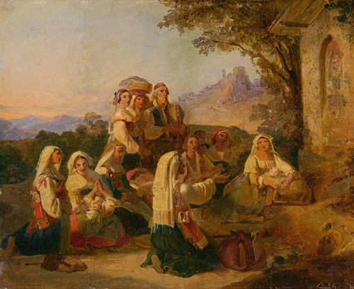 Italian peasants at prayer in front of a wayside shrine near Cervara