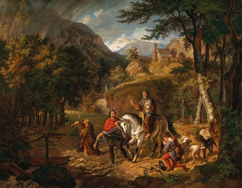 Rudolph von Habsburg leitet einen Geistlichen mit dem Abendmahle durch einen Bach