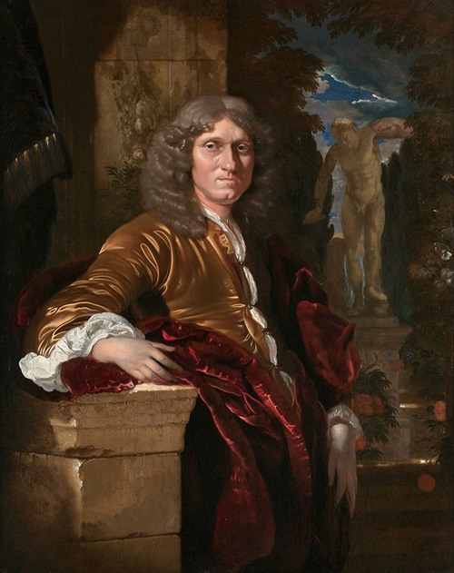 Portrait d’un gentilhomme accoudé à un piédestal devant un parc