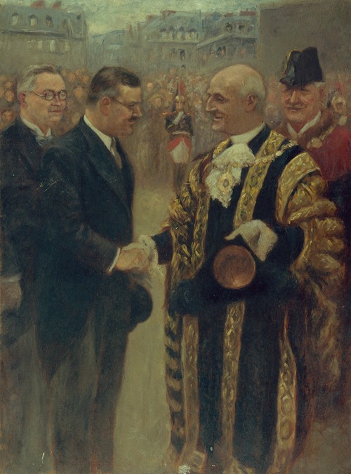 Sir George Broadbridge, lord-maire de Londres, serre la main M. Raymond Laurent, président du Conseil municipal