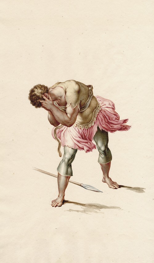 Soldier bending forward, burying his face in his hands, detail from The conversion of Paul