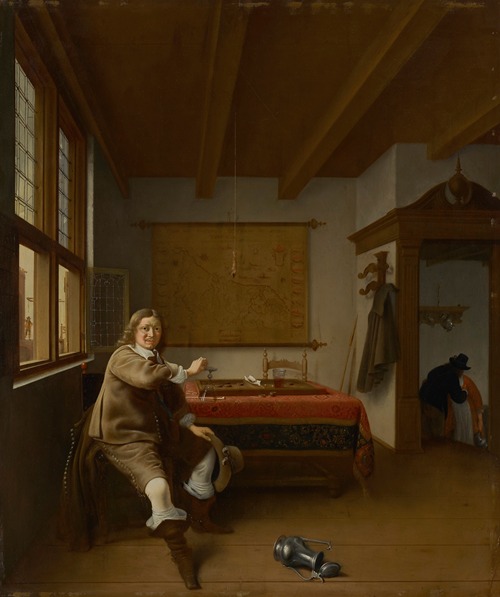 A man holding an overturned wine glass in an interior with two servants kissing in a doorway beyond