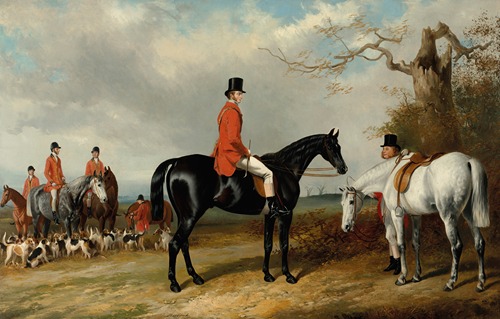 The Earl Granville, Master of the Royal Buckhounds (1847-1849), with the Earl of Chesterfield, Master (1834-1836), and hunt servants at a meet