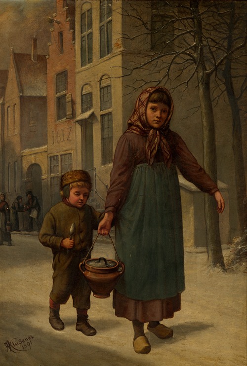 Meisje en jongen die eten halen