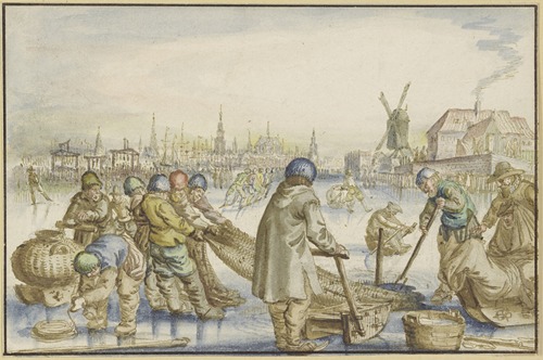 Winterlandschaft mit vielen Schlittschuhläufern, im Vordergrund ziehen Fischer ein Netz aus dem Eise