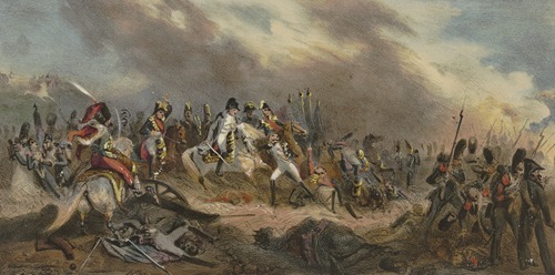 Napoleon mit seinem Hut über ein Schlachtfeld reitend