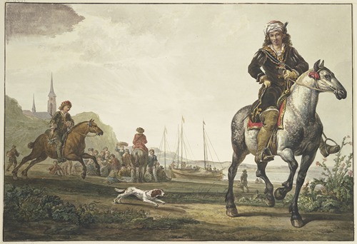 Am Ufer eines Flußes sitzt viel Volk bei den Schiffen, vorne rechts ein reich gekleideter Reiter mit einem Turban, links galopiert ein zweiter
