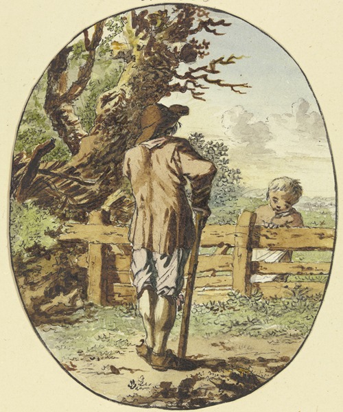 A man with a stick stands at a fence with his back to the viewer, and a child stands on the other side
