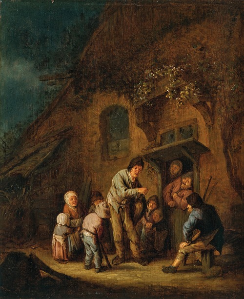 A farmyard with children and peasants listening to a hurdy-gurdy player