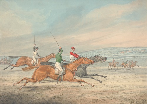 Steeplechasing; Three Riders Galloping to Right, Mounted Spectators in Background