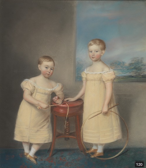 Two Children Wearing Yellow Dresses, the Elder Holding a Rolling Hoop and Stick and the Younger Holding a Whip Top and Whip