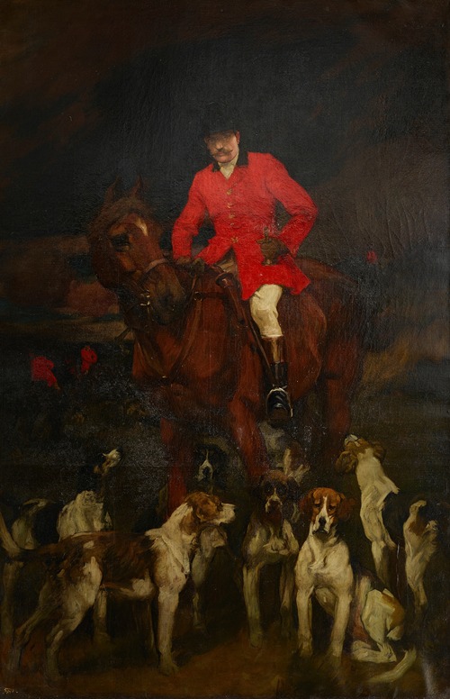 A portrait of Lord R. Alison Johnson on horseback with his hounds ready to set out