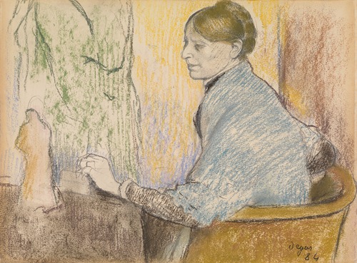 Madame Henri Rouart in an armchair in front of a small table with a Tanagra statuette