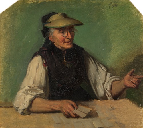 Alte Schwarzwälderin mit Augenschirm und Spielkarten in der rechten Hand, hinter einem Tisch sitzend