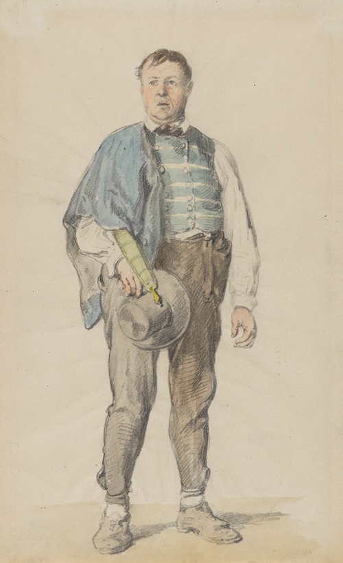 Stehender Bauer in Kinzigtäler Tracht mit Hut und Regenschirm unter dem linken Arm
