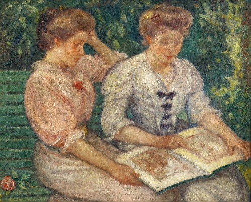 Blanche Viau et Alice Viau (Deux jeunes filles lisant sur un banc)