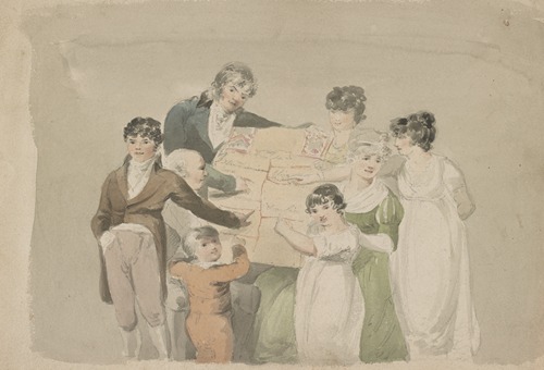 Family group – Smith, his wife and six children pointing at examples of their work