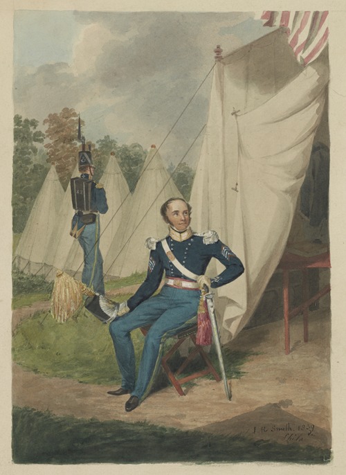 Officer from the First Troop, Philadelphia, seated by a tent in which a writing desk is visible