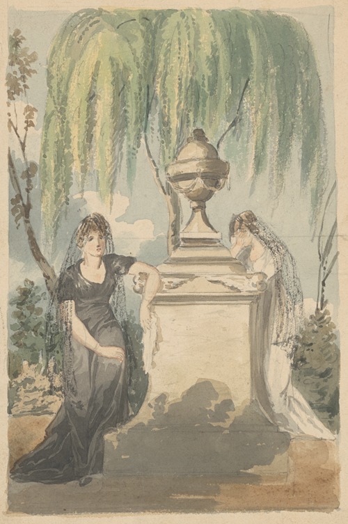 Preliminary design for mourning scene; two veiled women grieving over funerary monument with urn, weeping willow in background