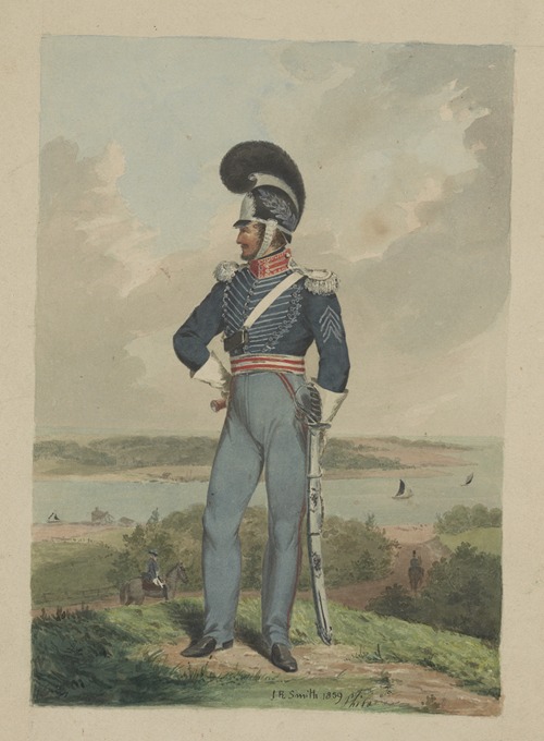 Soldier from the First City Troop, Philadelphia, in uniform and helmet with a plume