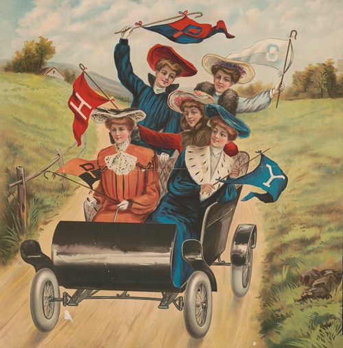 Five women driving in an early automobile