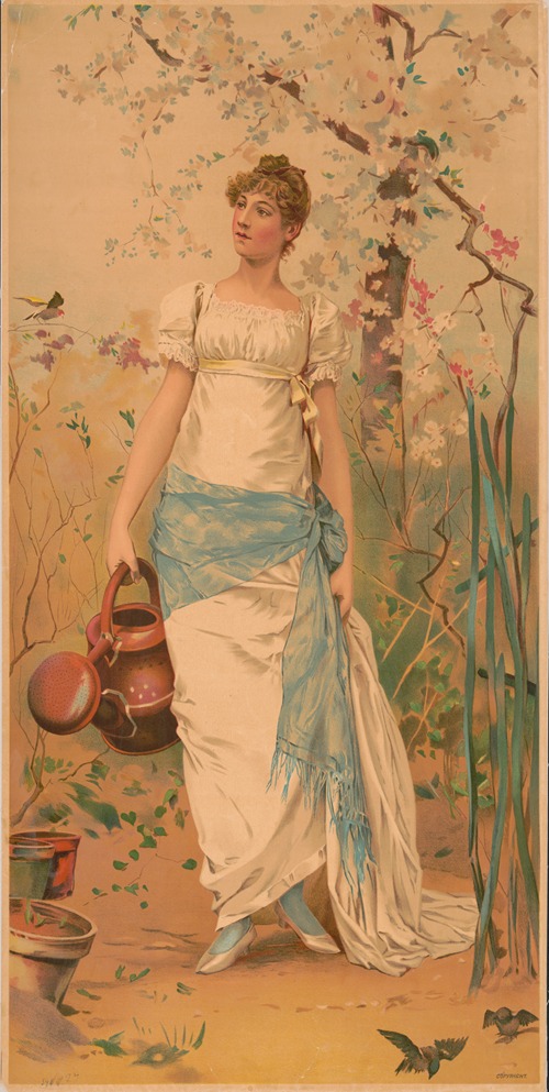 Woman in white dress with blue sash standing holding a watering can