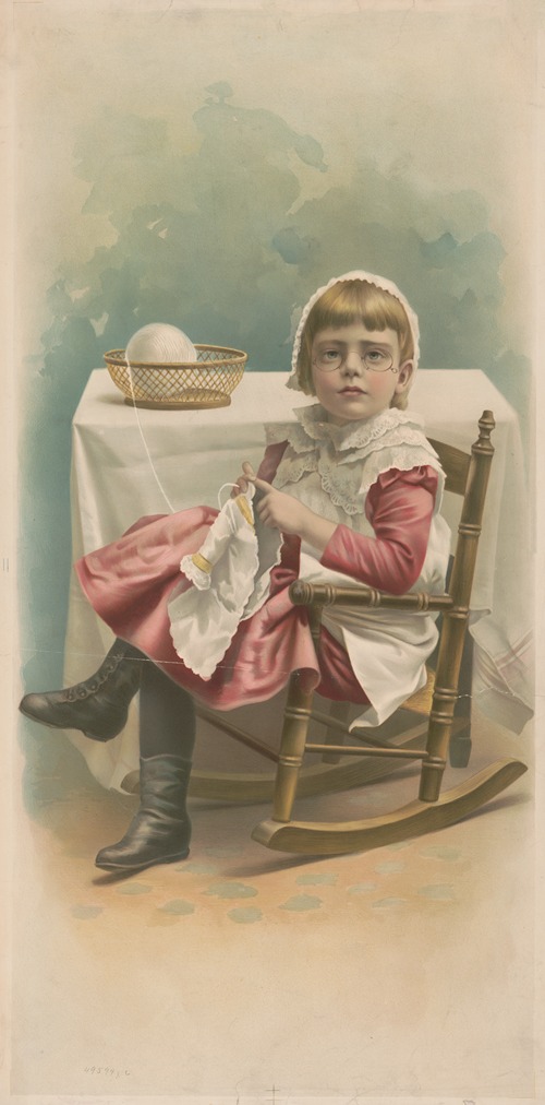 Young girl sitting in a rocking chair, knitting a garment