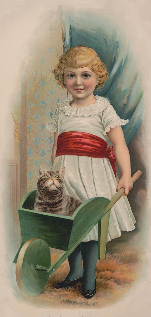 Girl pushing cat in green wheelbarrow