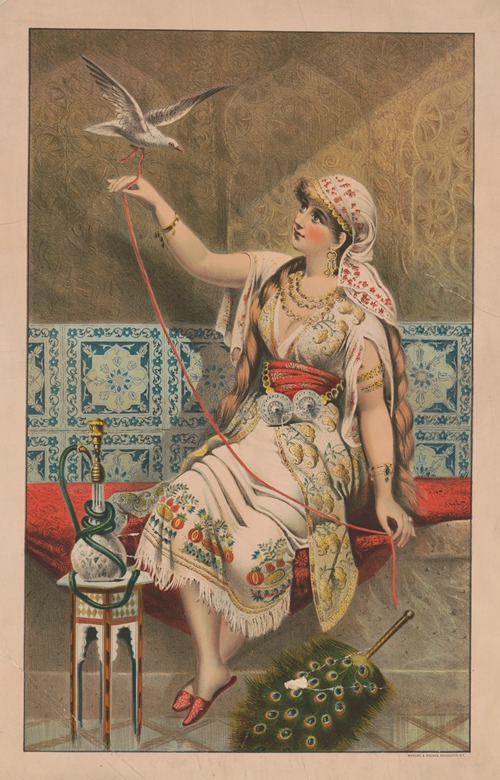Woman seated with peacock fan, hookah pipe, and white bird