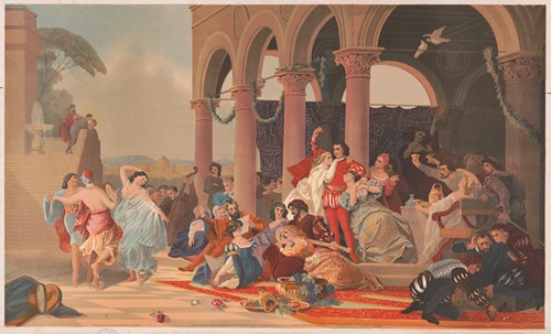 Men and women of upper economic class eat, drink and are entertained by dancers and musicians