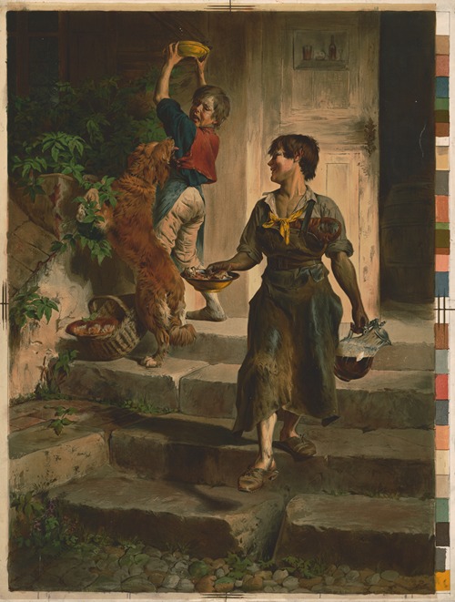 Boy descending stairs looking over his shoulder at boy and dog