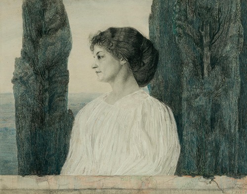A lady in white and in profile against a southern landscape with cypresses