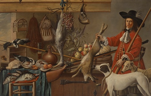 A huntsman holding a dead hare, with his two dogs
