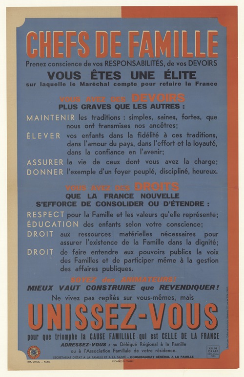Chefs de famille. vous êtes une élite sur laquelle le Maréchal compte pour refaire la France