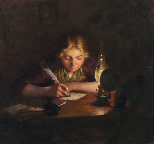 A Girl Writing by Lamp Light