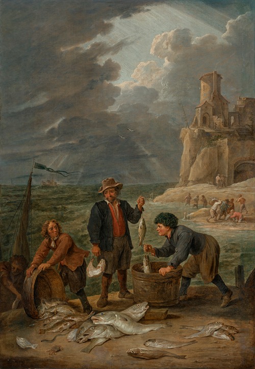 Fishermen returning to shore with their catch, in the background other fisherman beneath a lighthouse on a cliff