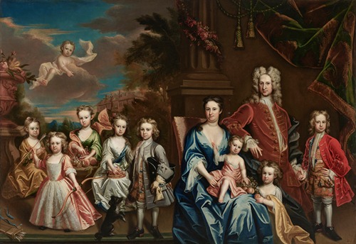Group portrait of James Herbert (1688-1721) and Maria Herbert, née Hallet (d. 1729), with their children, in the park at Tythrop