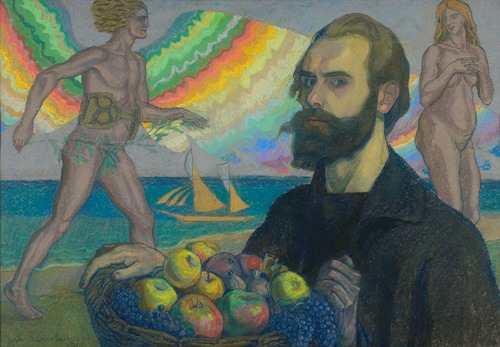 Self-portrait with a basket of fruit against the background of the sea